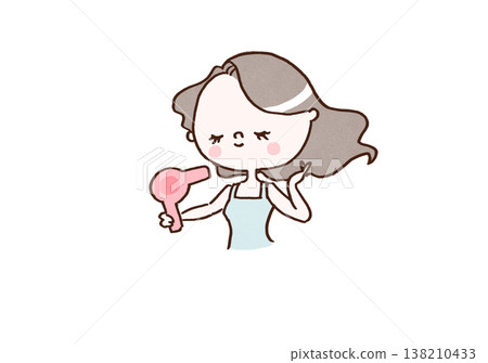 An illustration of a woman drying her beautiful hair with a hairdryer after a bath (hair care, beauty, self-care) 138210433