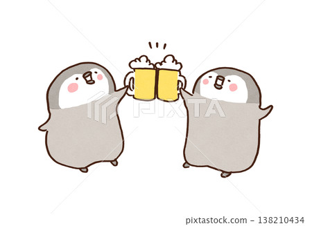 兩隻友善的企鵝手裡拿著啤酒碰杯的插圖（飲酒聚會、盛宴、慶祝活動） 138210434