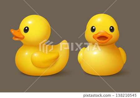 3d duck rubber yellow bathroom toy element. Yellow duck 3d kid baby rubber side front view icon 138210545