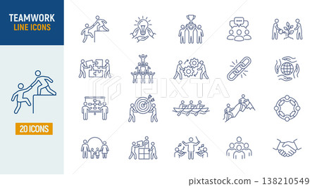Teamwork line icon set. Business team work communication people support discussion. Cooperation 138210549