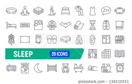 Sleep relax line icon set. Body exercise sleep stress balance mood care pictogram bed 138210551