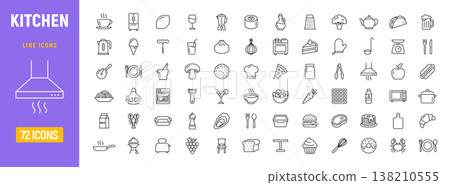 Kitchen cooking line icon set. Cook vector recipe pastry food kitchen bakery utensils icon 138210555