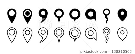 Black vector map pin location. Marker badge city pictogram isolated pin icon 138210563