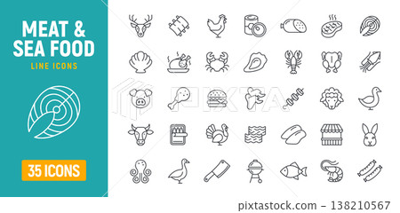 Meat and sea food line icon set. Lobster squid beef and chicken seafood pictogram symbol. Meat 138210567