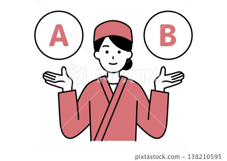 A female employee at a Japanese restaurant offers two options, A and B. 138210595