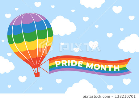 Background illustration of a rainbow-colored hot air balloon floating in the sky 138210701