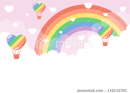 A background illustration featuring a pastel-colored rainbow floating in the sky and a heart-shaped hot air balloon. A background illustration featuring a pastel-colored rainbow floating in the sky and a heart-shaped hot air balloon. 138210705