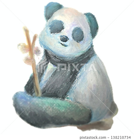 A panda holding a cherry blossom drawn with crayons A panda holding a cherry blossom drawn with crayons 138210734