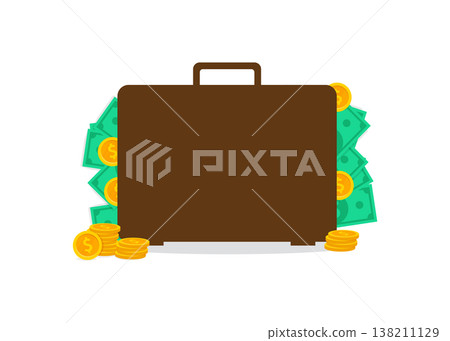 Brown Business Briefcase with Cash Money and Gold Coins Stock Illustration. 138211129