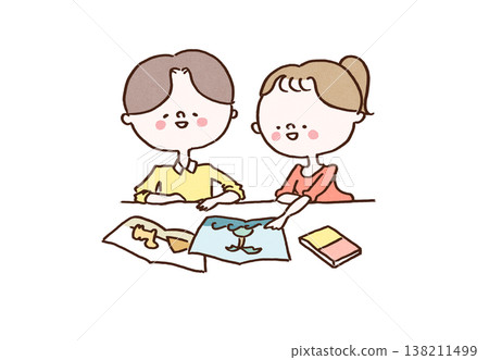 一幅插圖,描繪了一對情侶(一男一女)在桌上攤開旅遊指南,愉快地計劃他們的旅行。 一幅插圖,描繪了一對情侶(一男一女)在桌上攤開旅遊指南,愉快地計劃他們的旅行。 138211499