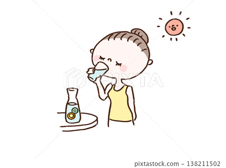 一幅插圖,描繪了一位女士在晨光中喝一杯排毒水(檸檬水)(健康/美容)。 一幅插圖,描繪了一位女士在晨光中喝一杯排毒水(檸檬水)(健康/美容)。 138211502