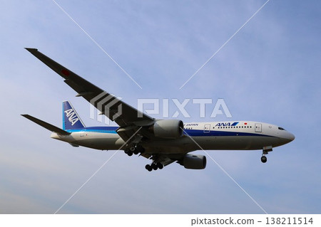 全日空航空公司的一架飛機從上空飛過並降落。 138211514