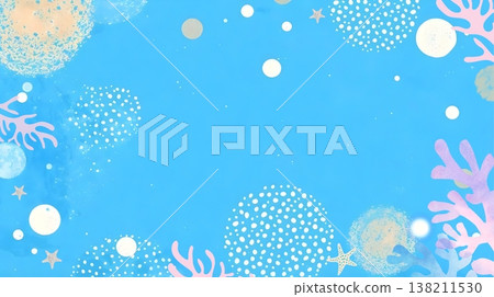 A refreshing light blue underwater background with a hand-drawn style pastel-colored coral and ocean frame. 138211530