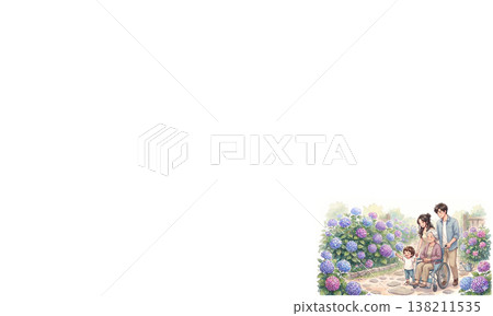 Caregiving, elderly, family, wheelchair, walk, hydrangea, early summer, garden, outdoors, welfare, support 138211535