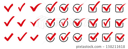 Drawn red checkmark icon collection design 138211618