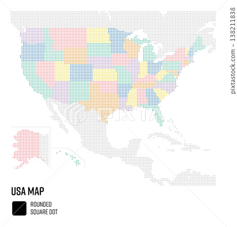 World map (coarse dot pattern): United States, grouped by state. World map (coarse dot pattern): United States, grouped by state. 138211838
