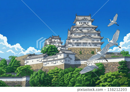 White egrets soaring over Himeji Castle - Anime 138212203