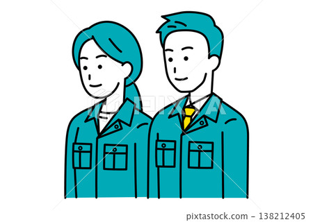A male and female worker facing straight ahead. 138212405