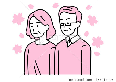 Cherry blossoms fluttering down, and an elderly man and woman looking straight ahead. 138212406