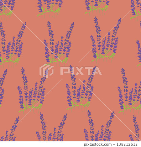 Lavender flowers blooming seamless pattern. Fashion background. Perfect for fabrics, greeting cards and backgrounds. Lavender flowers blooming seamless pattern. Fashion background. Perfect for fabrics, greeting cards and backgrounds. 138212612