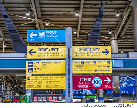 A signpost inside JR Shinagawa Station indicating the direction to exits and surrounding facilities. A signpost inside JR Shinagawa Station indicating the direction to exits and surrounding facilities. 138212954