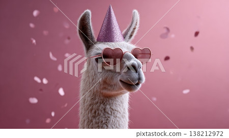Llama smiling, wearing a glittery pink party hat and heart shaped sunglasses, standing against a pink background with falling confetti, creating a fun celebration and whimsical anniversary concept 138212972