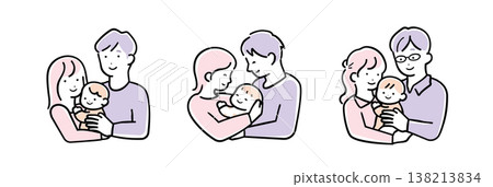 一組插圖,描繪了一位家長和孩子抱著一個嬰兒,色彩柔和簡潔,表情各異(喜悅)。 一組插圖,描繪了一位家長和孩子抱著一個嬰兒,色彩柔和簡潔,表情各異(喜悅)。 138213834