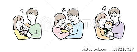 A set of illustrations of a parent and child holding a baby in bright pastel colors, with different expressions (including a worried look). A set of illustrations of a parent and child holding a baby in bright pastel colors, with different expressions (including a worried look). 138213837