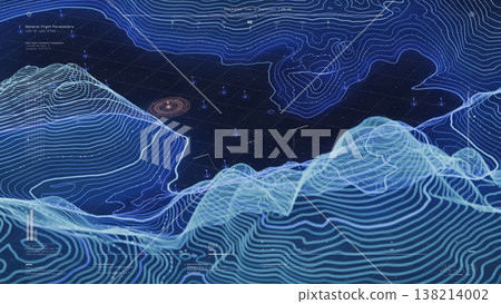 Geospatial UAV telemetry dashboard 3D rendering with glowing blue contour terrain Geospatial UAV telemetry dashboard 3D rendering with glowing blue contour terrain 138214002