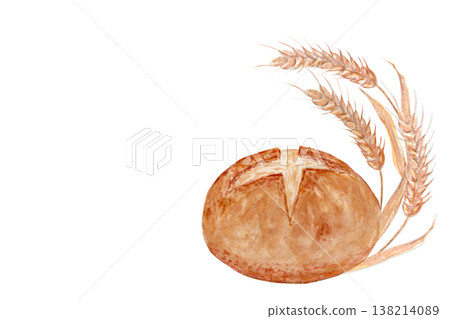 Bakery branding watercolor composition with artisan bread loaf and wheat ears. Hand painted rustic illustration for packaging design, labels, bakery identity and organic food branding applications 138214089