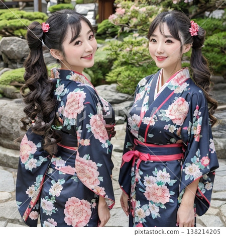 在春日的陽光下，身著和服的兩人面帶微笑，並肩合影。 138214205