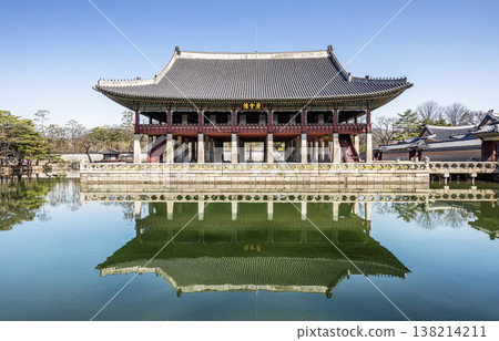 Serene Mirror Reflection of Traditional Korean Architecture Gyeonghoeru Pavilion. 138214211