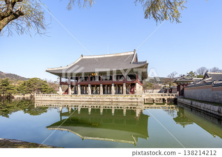 Serene Mirror Reflection of Traditional Korean Architecture Gyeonghoeru Pavilion. Serene Mirror Reflection of Traditional Korean Architecture Gyeonghoeru Pavilion. 138214212