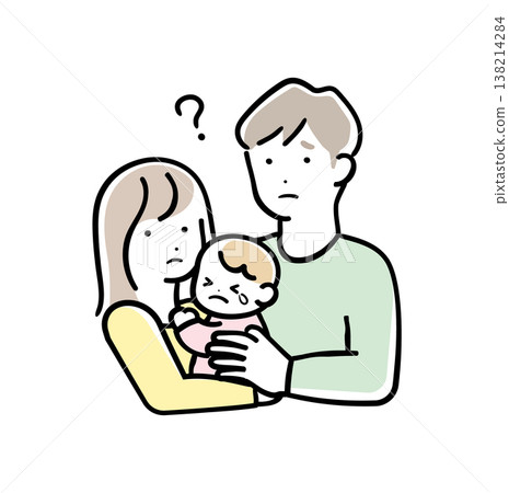An illustration of a parent and child struggling to hold a baby in bright pastel colors. Parenting worries: Dad and Mom 138214284