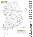 A map of South Korea that shows administrative districts with lines on a white background 138214383