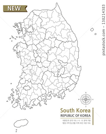 A map of South Korea that shows administrative districts with lines on a white background A map of South Korea that shows administrative districts with lines on a white background 138214383