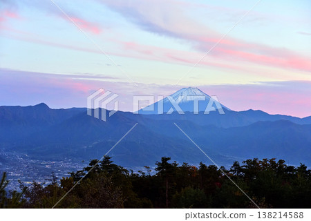 At dusk, Mount Fuji can be seen across the Kofu Basin. At dusk, Mount Fuji can be seen across the Kofu Basin. 138214588