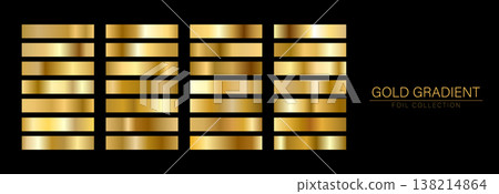Gold gradient Foil swatches. Metallic Palette. Luxury Vector set of champagne texture patterns. Holographic background 138214864