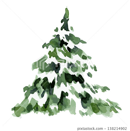 Snow-covered winter trees. Illustration of coniferous trees. Watercolor painting. 138214902