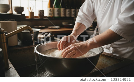 A scene showing a sushi chef in a white coat carefully washing a bowl of rice under running water as part of the preparation process. 138214931
