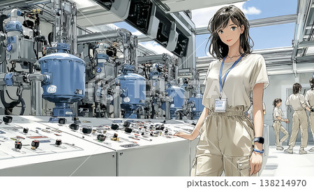 一幅年輕女工程師在擺滿設備的工廠裡工作的插圖。 138214970