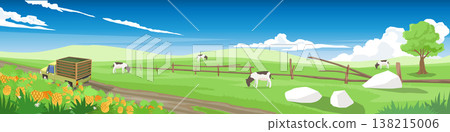 Horizontal or Landscape of truck drives past a pineapple plantation and a cattle farm on a spacious grassy field. All set against a beautiful blue sky with scattered clouds. For banner background. 138215006