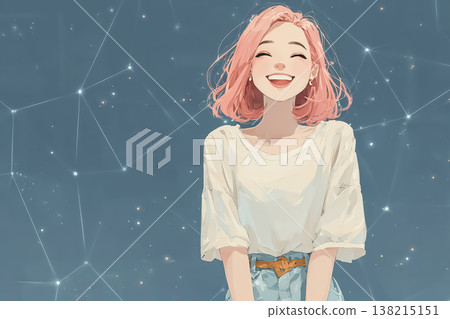 Emi Series: Illustration of a young woman with pink hair smiling against a holographic background 138215151