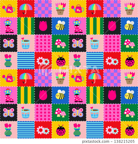 Cute Spring Garden Patchwork with Floral and Nature Elements Cute Spring Garden Patchwork with Floral and Nature Elements 138215205