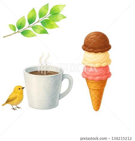 咖啡、冰淇淋和小鳥這些簡單的元素；白色背景上呈現的自然咖啡館甜點畫面。 138215212