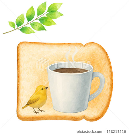 Simple elements of coffee, toast, and a small bird; a natural breakfast image against a white background. 138215216