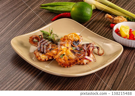 Gourmet grilled whole octopus served lime Gourmet grilled whole octopus served lime 138215488