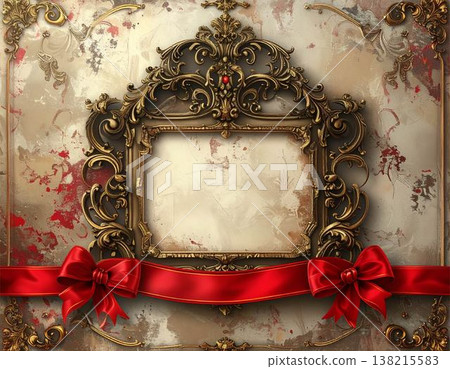 一款奢華的復古風格相框背景，飾以金色點綴和紅色絲帶。非常適合用於聖誕節、慶典、高檔禮品和邀請函。 138215583