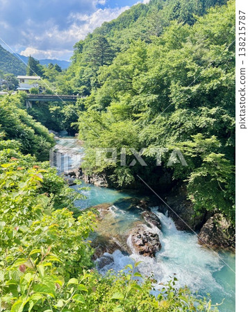 綠意盎然的島間藍河。 綠意盎然的島間藍河。 138215787