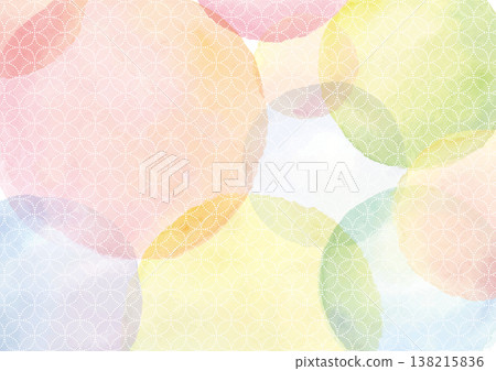 A background featuring overlapping colorful watercolor circles with a white Japanese pattern on top. 138215836